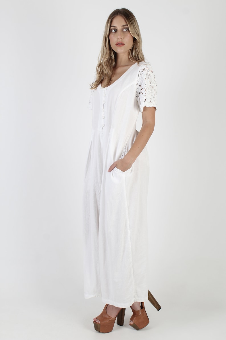 White Cotton Wide Leg Jumpsuit Vintage 80s Bali Lace Sleeve Playsuit Plain Baggy Button Up Utility Playsuit With Pockets