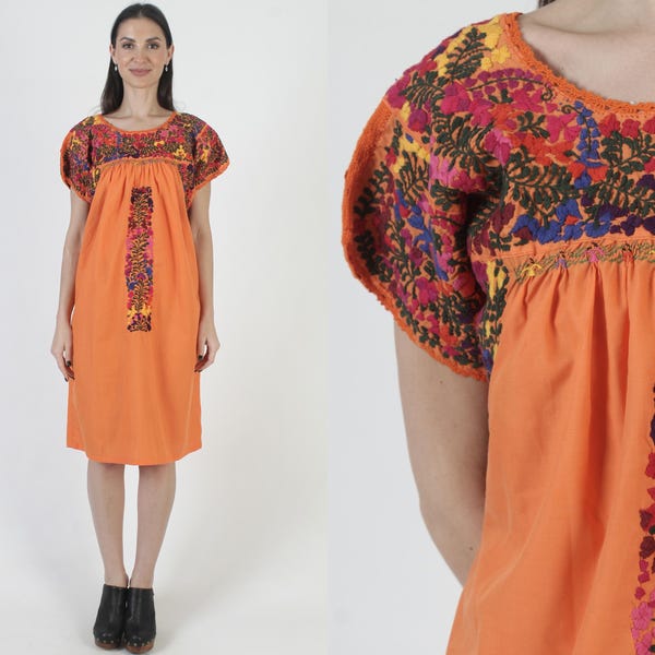 Orange Oaxacan Dress, Womens Mexican Kaftan, Hand Embroidered Sundress