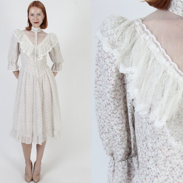 Gorgeous french girl ribbed bodice cotton 70s prairie dress