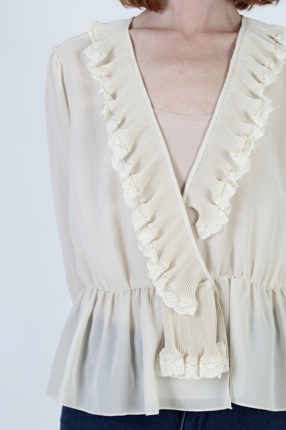 Low Cut off White Sheer Blouse, Vintage 80s Light Weight See