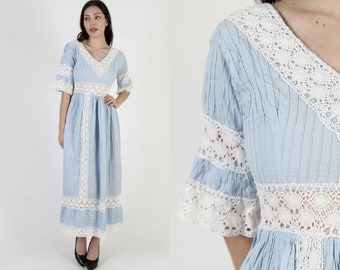 Baby Blue Bell Sleeve Mexican Dress Crochet Lace Quinceanera Dress 70s Ethnic Wedding Festival Pintuck Cotton Fiesta Maxi Dress