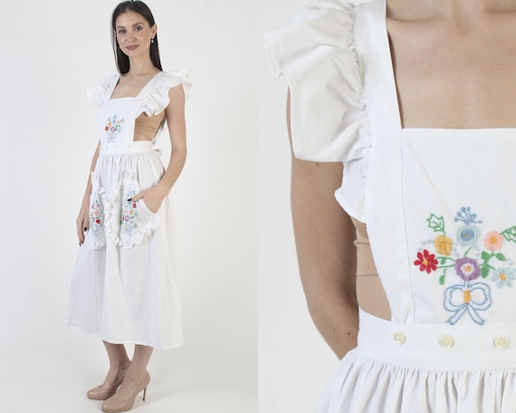Embroidered White Pinafore Dress, Country Wrap Apron, Convertible