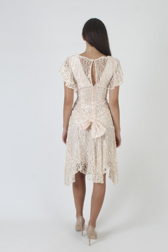 80s Deco Wedding Dress / Sheer Ivory Wrap Bodice … - image 5