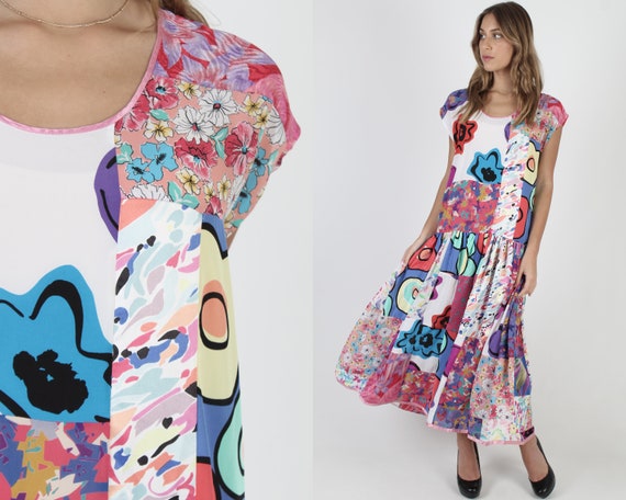 Bright Color Patchwork Grunge Dress / Vintage 80s