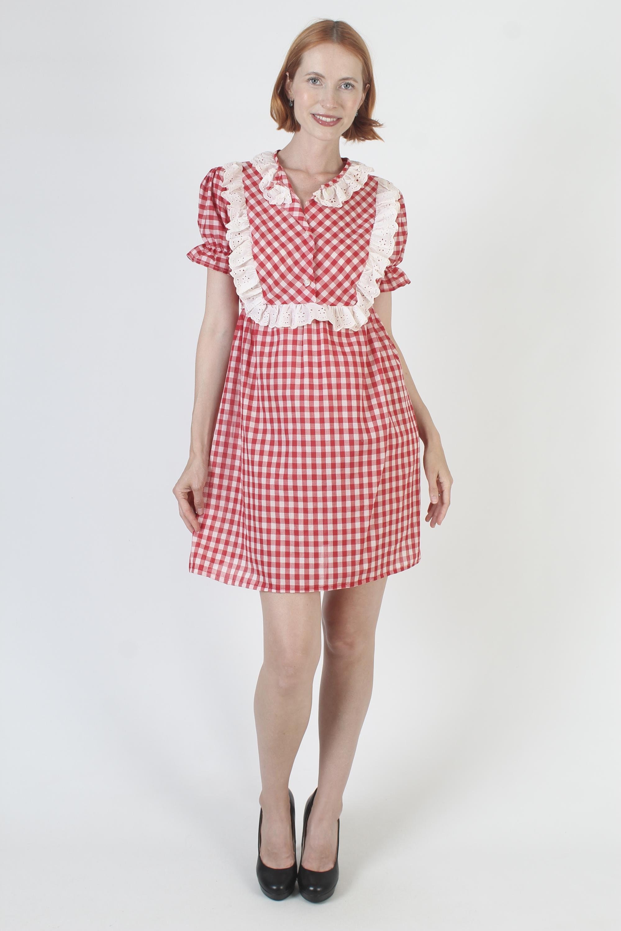 70s Red Gingham Dress Americana, Summer Picnic Dancing 70s Red Gingham Dress Americana, Summer Picnic Dancing