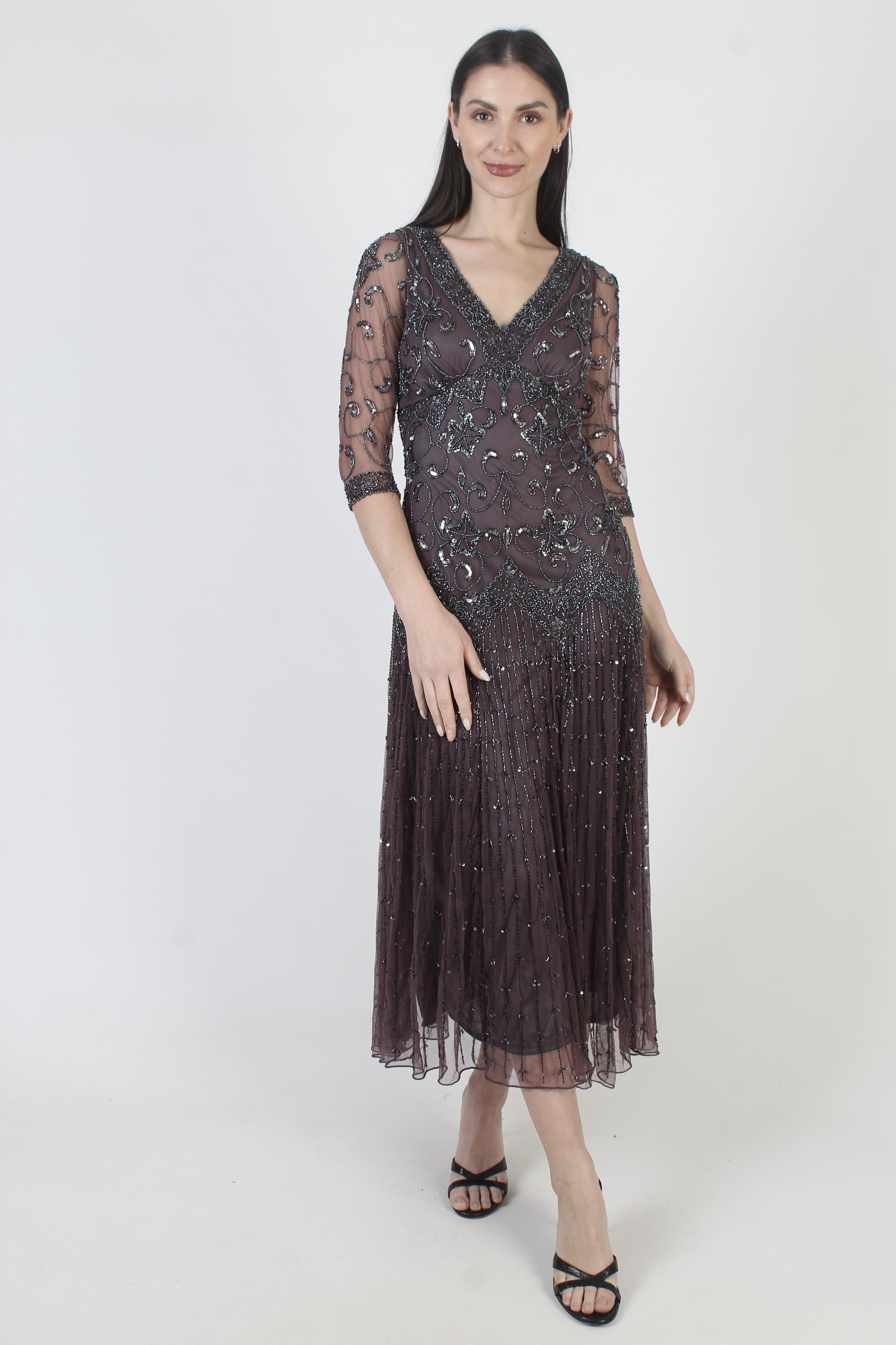 Pisarro Nights Illusion Mesh Eggplant Beaded Evening Gown Size Women's Size 4