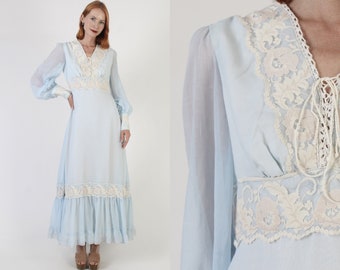 Baby Blue Lace Up Corset Dress Renaissance Faire Style Clothing 70s Prairie Poet Sleeves Fairycore Bridal Gown