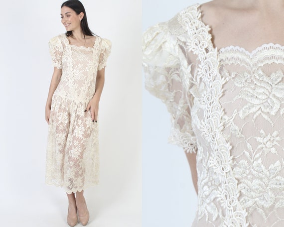 Art Deco Floral Lace Dress 80s Sheer Wedding Gown… - image 1