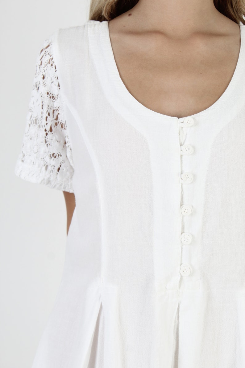 White Cotton Wide Leg Jumpsuit Vintage 80s Bali Lace Sleeve Playsuit Plain Baggy Button Up Utility Playsuit With Pockets