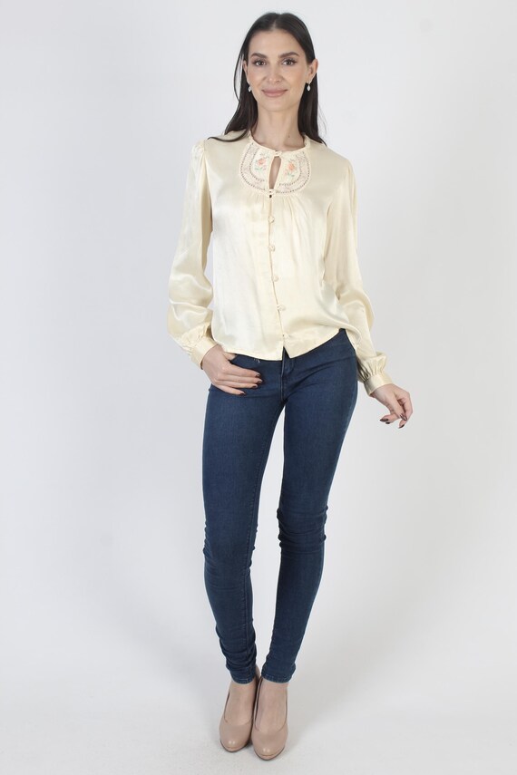 Vintage Gunne Sax Blouse, Cream Embroidered Satin… - image 4