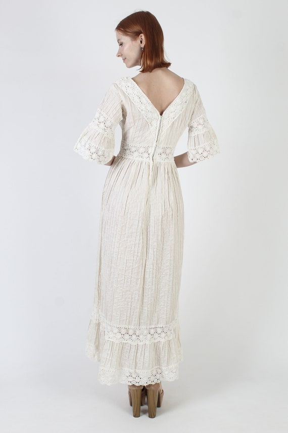 Off White Mexican Pintuck Bell Sleeve Wedding Dre… - image 5