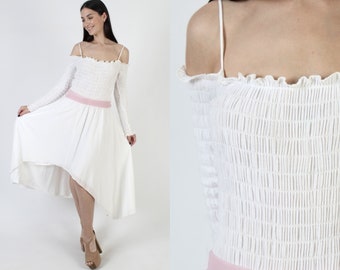 Hi Lo Hem Gauze Dress Vintage Stretchy Cotton Asymmetrical Sundress Spaghetti Strap Monochrome Mermaid Dress