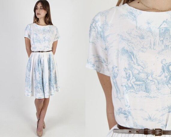 White 50s Farm Dress / Toile de Jouy Print Dress /