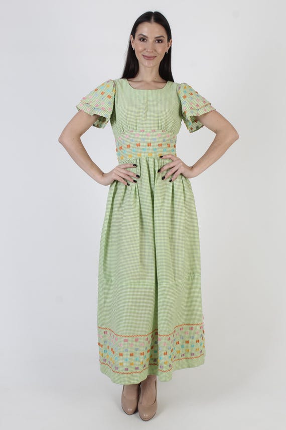 Green White Gingham Americana Dress, Plaid Puff Sleeve Work Maxi, 70s Country Picnic Green White Gingham Americana Dress, Plaid Puff Sleeve Work Maxi, 70s Country Picnic