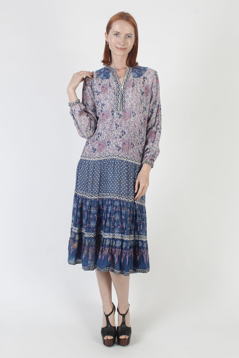 Authentic Kaiser Brand India Guaze Dress / Thin Purple Floral Block Print Cotton / Ethnic Sheer Summer Midi Size S image 5