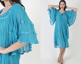 Teal Angel Sleeve Gauze Dress / Thin Big Lightweight Cotton Cover Up / Crochet Kimono Festival Grecian Midi Sundress