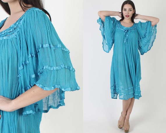 Teal Angel Sleeve Gauze Dress / Thin Big Lightwei… - image 1