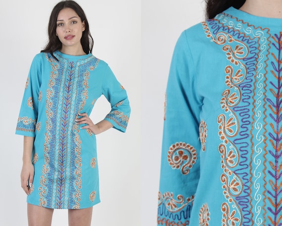 Teal Embroidered Caftan Bell Sleeve Turquoise Min… - image 1