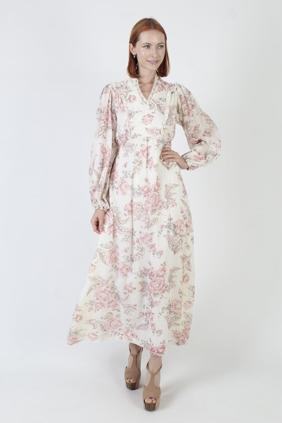Rose Print 70s Floral Maxi Dress, Vintage 70s Poe… - image 2