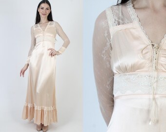 Gunne Sax Dress, Peach Satin Prairie Gown, Sheer Floral Lace, Renaissance Fair Corset Maxi