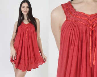 Red Mexican Gauze Micro Mini Dress, Lightweight Thin Crochet Trim, Vintage South American Lightweight Sundress