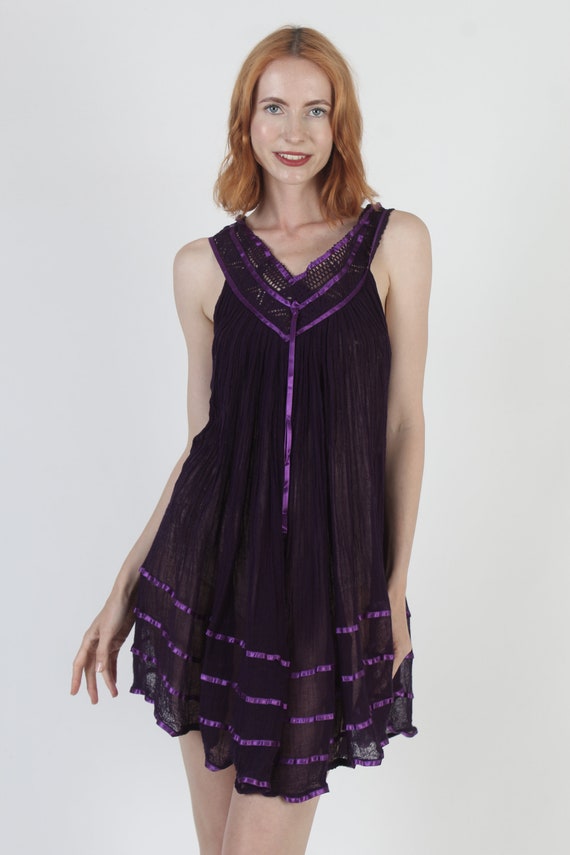 Purple Mexican Gauze Mini Dress Lightweight Thin … - image 2