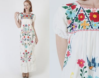 Traditional White Cotton Mexican Dress Long Hand Embroidered Birds Cover Up Summer Beach Sundress