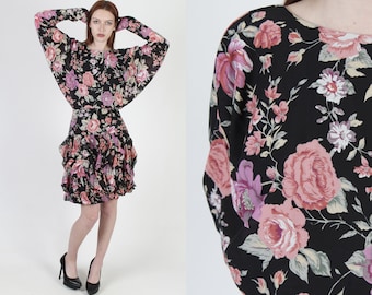 Black Floral Rose Print Dress / Romantic Pink Flower Dress / Vintage 80s Ruffle Wiggle Skirt / Revealing Open Back Mini Dress