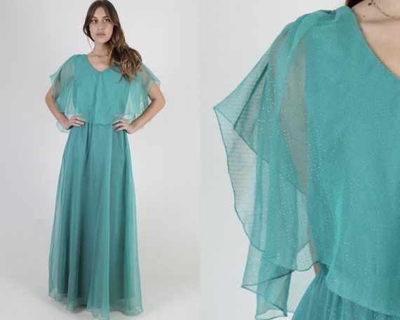 Aqua Long Chiffon Dress / Vintage 70s Green Metall