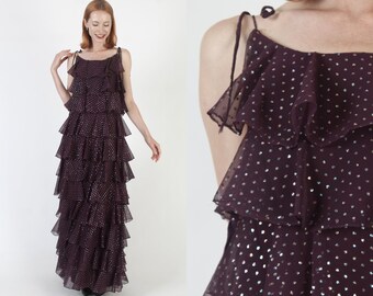 Floor Length Tiered Ruffle Dress Long Metallic Swiss Dot Print Vintage 70s Cocktail Party Outfit