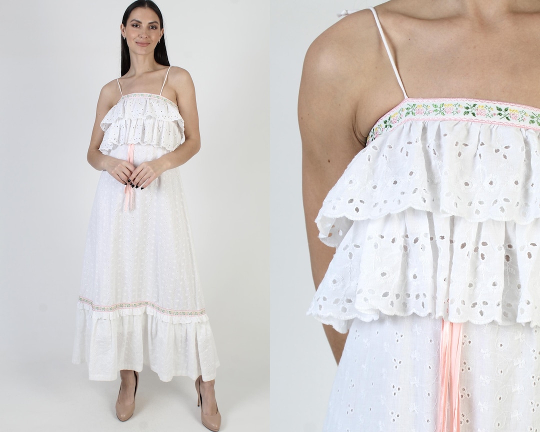 White Eyelet Cottagecore Dress, Plain Country Sundress, Long Tiered — free download