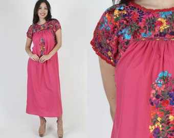 Pink Oaxacan Embroidered Maxi Dress / Mexican Floral Hand Embroidered Vestido / Fuchsia San Antonio Traditional Lounge Outfit