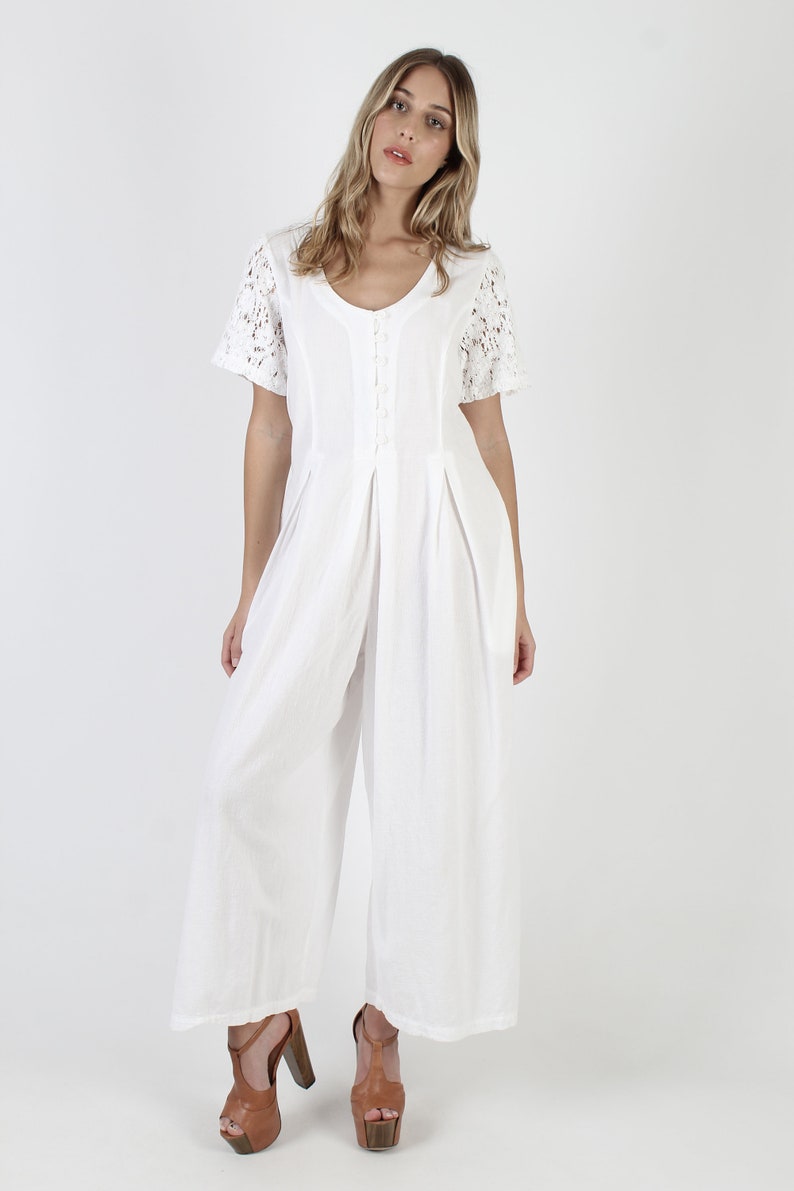 White Cotton Wide Leg Jumpsuit Vintage 80s Bali Lace Sleeve Playsuit Plain Baggy Button Up Utility Playsuit With Pockets