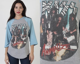 1984 Kiss Animalize 3/4 Sleeve Baseball Tee, Vintage 80s Gene Simmons T Shirt, Mens Womens Rock Band Top L