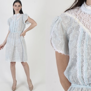 White Floral Lace Dress, Split Tulip Sleeves, Blue Cottagecore Sundress