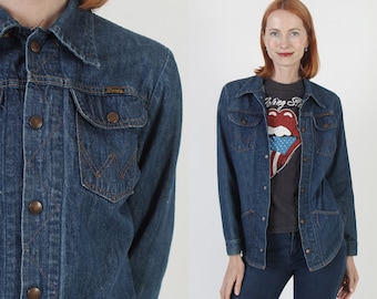 Womens Wrangler Denim Shirt Vintage 70s Blue Jean Snap Jacket Dark Indigo Soft Cowboy Top M