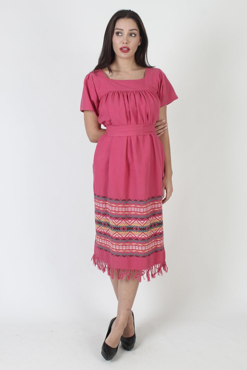 Traditional Aztec Embroidered Guatemalan Fringe Dress With Matching Waist Belt And Pockets image 2
