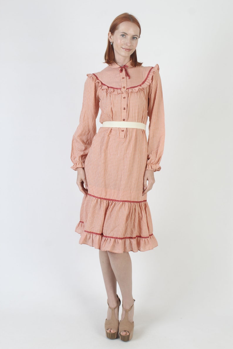 Orange & White Gingham Americana Dress, Plaid Ruffle Sleeve Chore Outfit, Vintage 70s Country Picnic Folk Tiered Sundress image 3