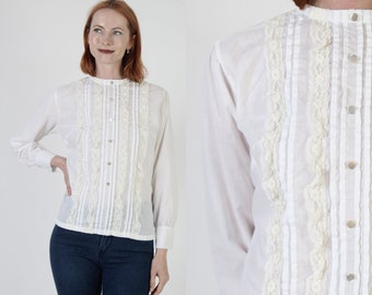 White Plain Lace Victorian Style Blouse, Womens Button Up Bohemian Top, Old Fashion Western Inspired Tunic