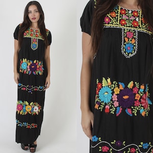 Black Cotton Mexican Dress, Vintage Heavily Hand Embroidered Frock, Floral Puebla Cotton Puff Sleeves