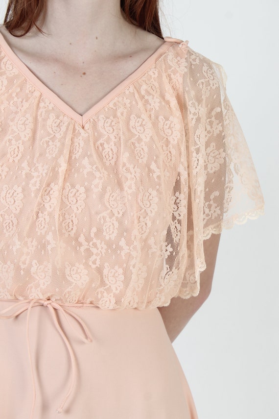 Vintage 70s Peach Disco Wedding Dress Floral Lace… - image 6