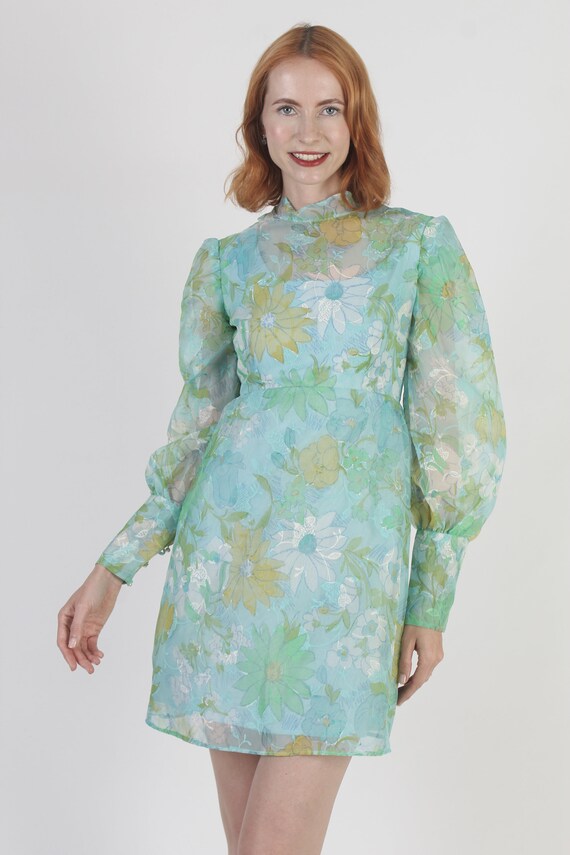 Vintage 60s Pastel Floral Dress Green All Over Pr… - image 5