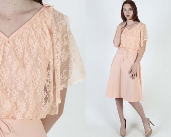 Vintage 70s Peach Disco Wedding Dress Floral Lace… - image 1