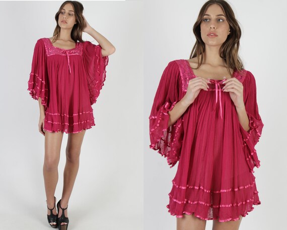 Hot Pink Gauze Mini Dress Kimono Sleeves Dress Vin