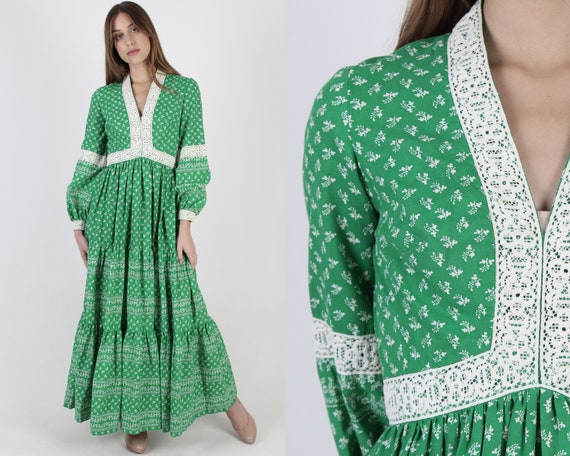 Green Calico Tiered Maxi Dress / Empire Waist Barn