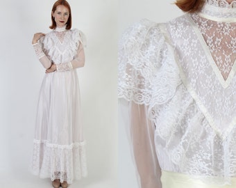 Victorian Inspired Wedding Maxi Dress Sheer Ivory Floral Lace Gown 70s Bridal High Collar Edwardian Bustle