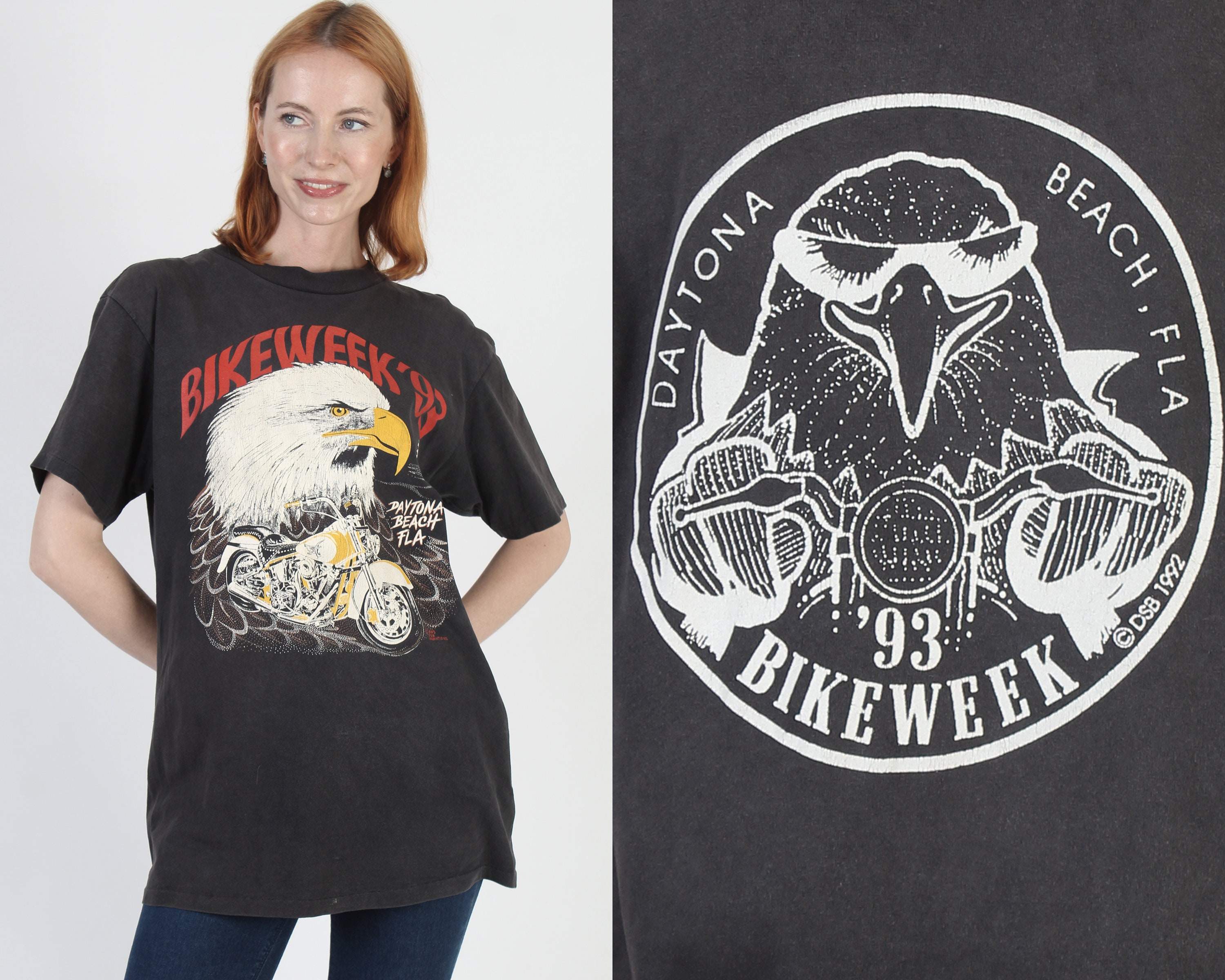 90s Daytona Bike Week Motorcycle T Shirt, Black Double Sided Biker 