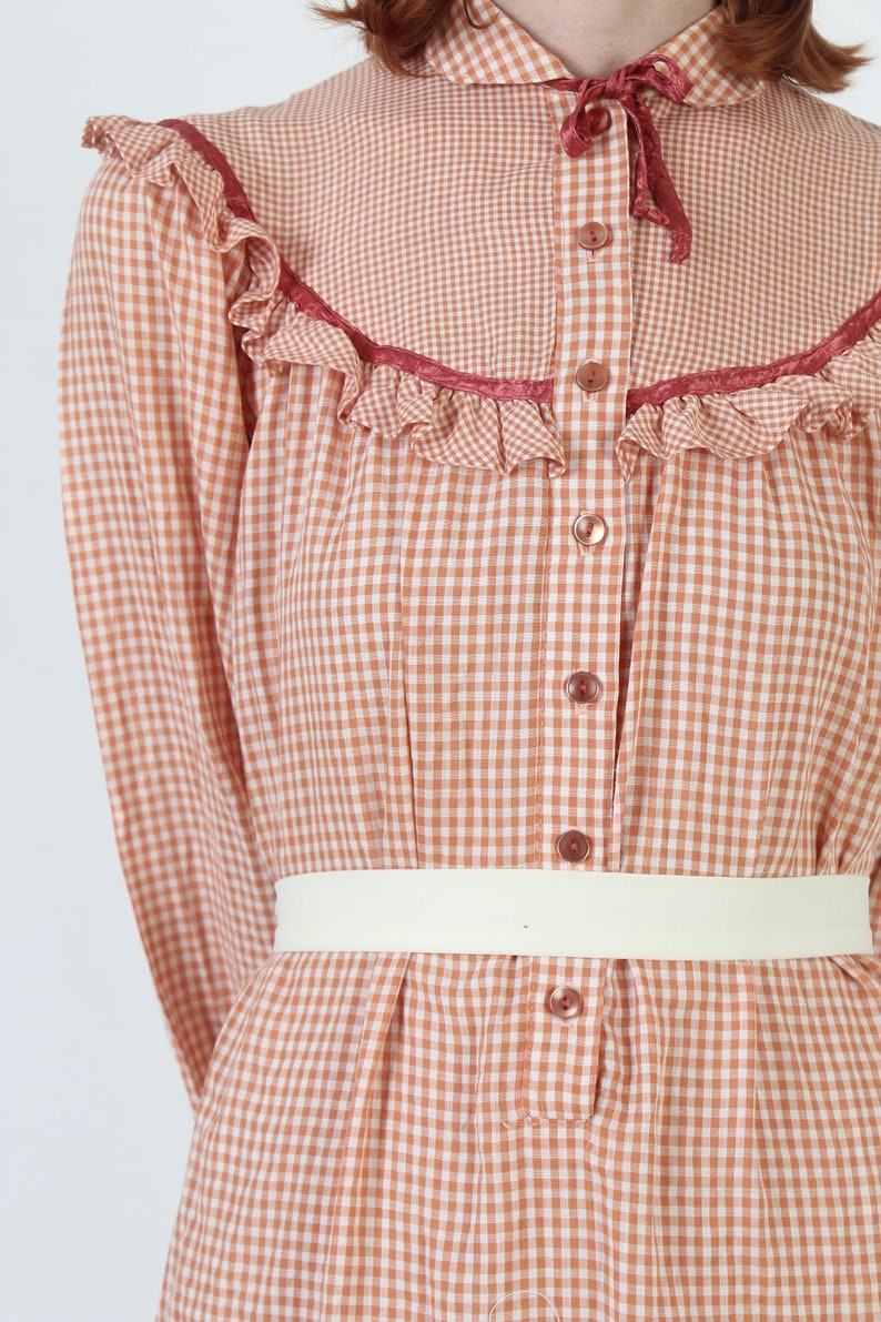 Orange & White Gingham Americana Dress, Plaid Ruffle Sleeve Chore Outfit, Vintage 70s Country Picnic Folk Tiered Sundress image 6