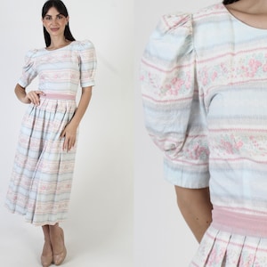 Pastel Floral Cottage Dress, Vintage 80s Puff Sleeve Outfit, Rose Print Tea Party Midi With Pockets