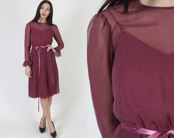 Sheer Burgundy Chiffon Midi Dress / 70s See Through Maroon Cocktail Outfit / Vintage Layered Disco Dress With Matching Waist Tie